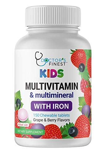 Doctors Finest Multivitamin  and  Multimineral w Iron Chewables for Kids  Vegetarian  GMO Free  and  Gluten Free  Great Tasting Grape  and  Berry Flavors Pectin Chews w Vitamins A B C D  and  E  150 Count
