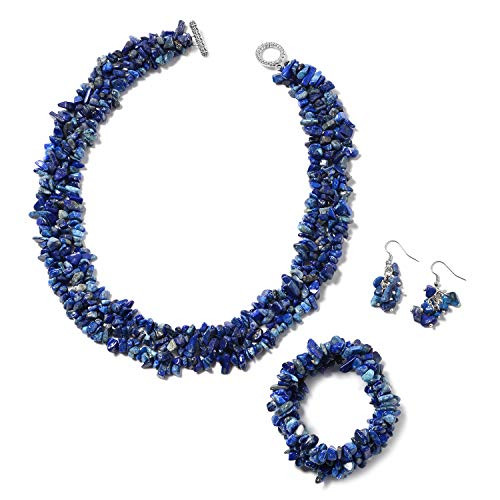 Shop LC Delivering Joy Lapis Lazuli Chips Stretch Bracelet Earrings Necklace Set Stainless Steel Fashion Jewelry for Women Size 18
