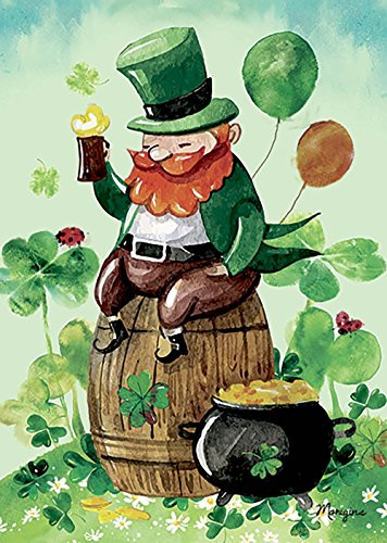 Morigins Leprechaun Drinking - Double Sided St Patrick Lucky Clover House Flag 28x40