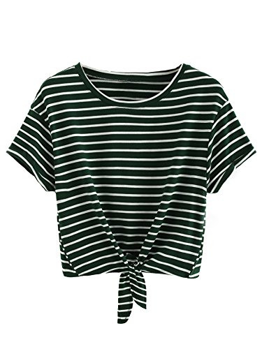ROMWE Womens Knot Front Cuffed Sleeve Striped Crop Top Tee T-shirt Green White Medium