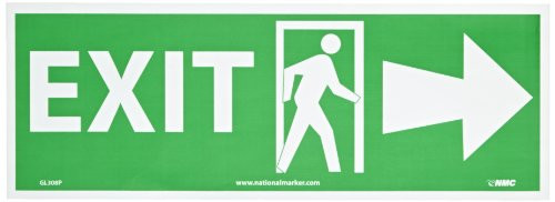 NMC GL308P EXIT Sign  14 in_ x 5 in_ 6 Hour Glow Polyester Safety Sign with Yellow on Glow Green Person Walking Through Doorway Left Arrow Graphic