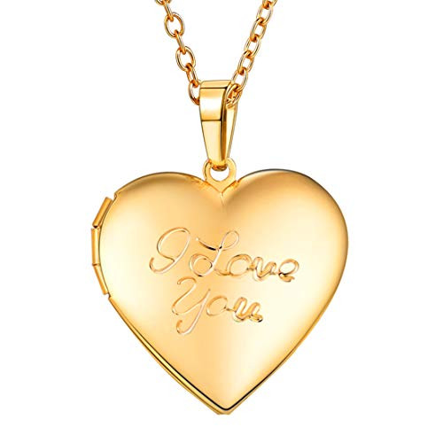 U7 I Love You Locket Necklace That Hold Pictures 18K Gold Plated Heart Pendant Women Girls Photo Jewelry
