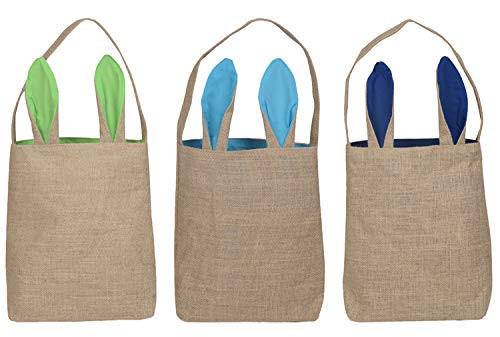 KEFAN 3 Pack Easter Bunny Bags Easter Bunny Baskets Jute Burlap Bunny Ear Tote Bags