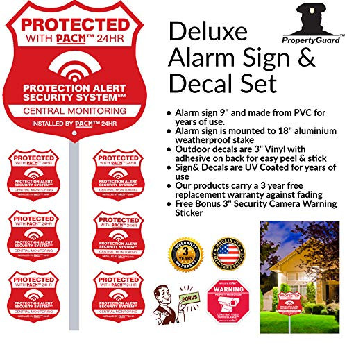 PROPERTYGUARD Home Alarm Yard Sign w Post  and  6 Alarm System Stickers! Bonus Warning Security Camera Decal Included!