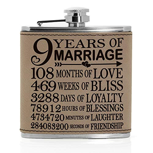 9 Years of Marriage Engraved Leather 6 oz Flask Our 9th Wedding Anniversary 9 Years as Husband  and  Wife Gifts for Her for Him for Couples