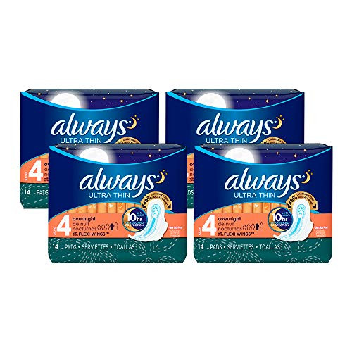 Always Ultra Thin Size 4 Overnight Pads with Wings Unscented 14 Count Pack of 4