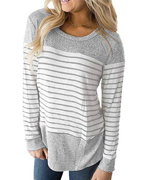 Womens Tops Long Sleeve T Shirt Color Block Striped Shirt Casual Tunic Grey L Womens Tops Long Sleeve T Shirt Color Block Striped Shirt Casual Tunic Grey L