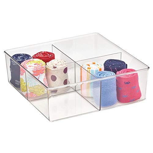 mDesign Plastic 4 Compartment Divided Drawer and Closet Storage Bin - Organizer for Scarves Socks Ties Bras and Underwear - Dress Drawer Organizer Shelf Organization - Clear