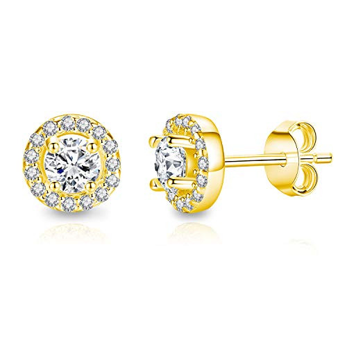Spoil Cupid 14K Gold Plated Sterling Silver Brilliant Cut Cubic Zirconia Round Halo Stud Earrings Center Stone 4mm Spoil Cupid 14K Gold Plated Sterling Silver Brilliant Cut Cubic Zirconia Round Halo Stud Earrings Center Stone 4mm