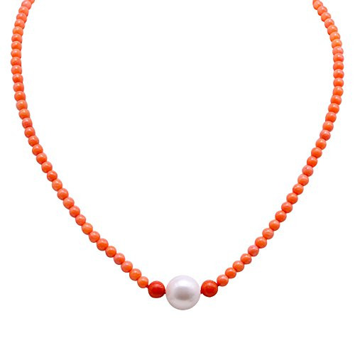 JYX Pearl 3_5-5_5mm Orange Round Coral Beads Necklace and White Freshwater Cultured Pearl Pendant Necklace 16 JYX Pearl 3_5-5_5mm Orange Round Coral Beads Necklace and White Freshwater Cultured Pearl Pendant Necklace 16