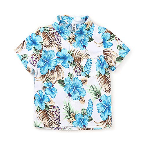 OCHENTA Boys Floral Hawaiian Shirt Short Sleeve Button Down Casual Beach Aloha Party Tops White Blue Tag 130CM - 6-7 Years