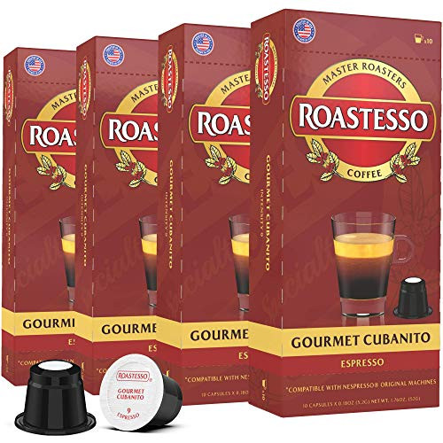 Roastesso Coffee Gourmet Cubanito Nespresso Compatible Capsules for OriginalLine Machines Dark Roast Espresso Ristretto Pods Intensity 9 Single Serve Cafecito De Cuba 40 Count