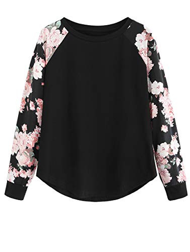 Romwe Womens Floral Print Long Sleeve Crew Neck Loose Casual Blouse Top Tee Black S