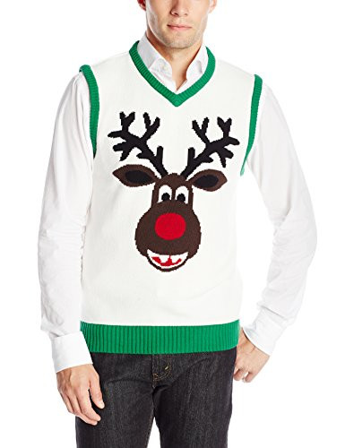Ugly Christmas Sweater Company Mens Assorted Xmas Themes Sweater Cream Reindeer Vest Large