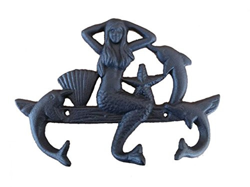 Hampton Nautical Cast Iron Mermaid with Dolphin Hooks 9 Rustic Black