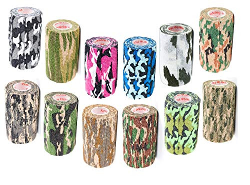 Prairie Horse Supply Vet Wrap Tape Bulk Assorted Camo Colors 12 Pack 4 Inches Wide Vet Rap Medical First Aid Tape Self Adhesive Adherent for Ankle Wrist Sprains and Swelling
