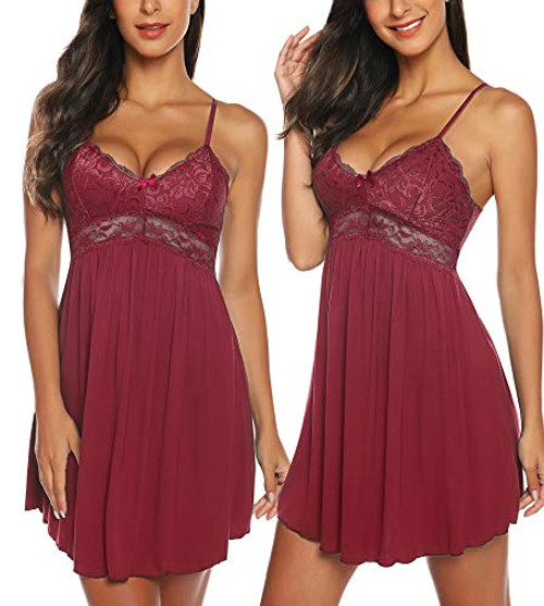 RSLOVE Womens Sleepwear Lace Lingerie Nightgown Chemises V-Neck Full Slip Babydoll Dress Wine Red S