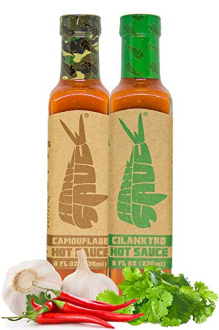 Hank Sauce Hot Sauce Variety Pack - Versatile Hot Pepper Sauce with Fresh Cilantro Garlic  and  Peppers - Hot Garlic Sauce with Mild Heat  and  Unique Flavors - Camouflage  and  Cilanktro - 2 x 8 Ounces