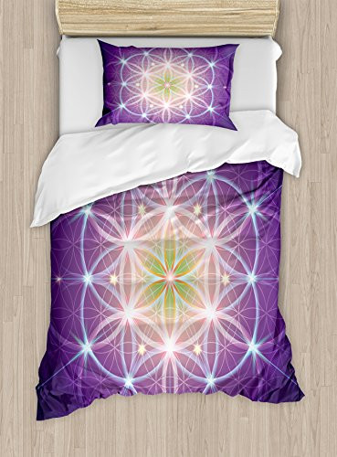 Ambesonne Bohemian Duvet Cover Set Twin Size Interlace Circles Sign of Cosmos Harmony Folk Hidden Abstract Motif Decorative 2 Piece Bedding Set with 1 Pillow Sham Purple Yellow