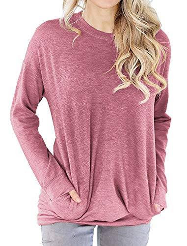Dutebare Womens Long Sleeve Tops Casual Tunic Sweatshirt Loose Blouse T-Shirts Light Red XL