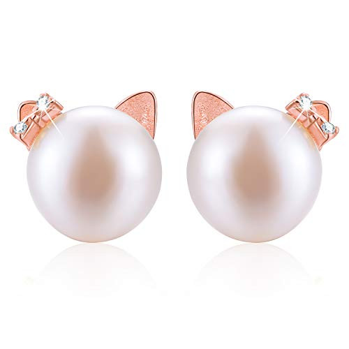 Esberry 18K Gold Plating 925 Sterling Silver Cat Stud Earrings Natural Freshwater White Pearl Cute Cat with Bow Earrings for Women and Girls Rose Gold-1