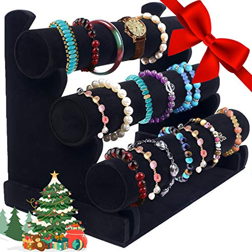 Bracelet Holder with Three Tier Racks ~ Velvet Bracelet Bangle Stand ~ Jewelry Organizer ~ Bangle Display ~ Jewelry Organizer for Wrist Watch Bangles Scrunchies and Bracelet Black - 3 Tier Stand