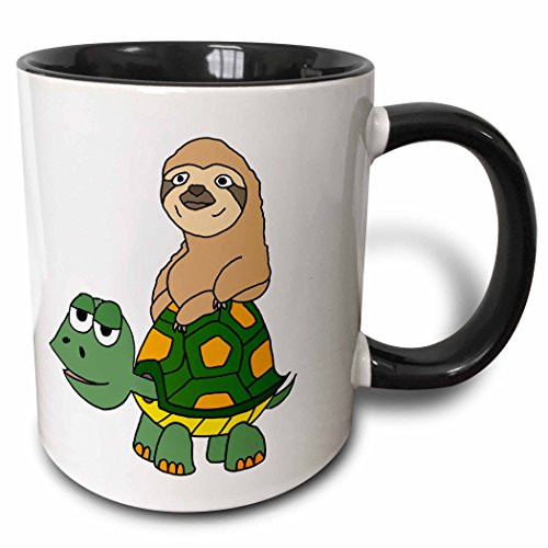 3dRose mug_254016_4 Funny Sloth Riding Turtle Cartoon Ceramic, 11oz, Black/White