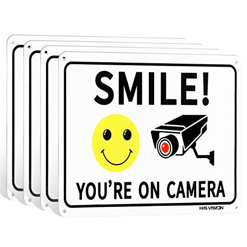 4 Pack Smile Youre on Camera Video Surveillance Sign 10x7 Rust Free Aluminum MetalWarning Sign for CCTV Monitoring System by HISVISION_
