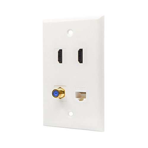 4 Port HDMI Coax Ethernet Wall Plate - 2 HDMI Cat6 Ethernet Coax Wall Plate Female to Female Jack in White 4 Port HDMI Coax Ethernet Wall Plate - 2 HDMI Cat6 Ethernet Coax Wall Plate Female to Female Jack in White