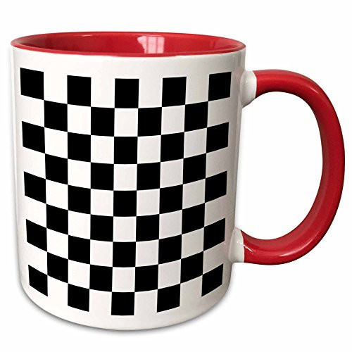 3dRose mug_154527_5 Black and White Pattern-Checkered Checked Squares Chess Checkerboard Ceramic, 11 oz, Red/White