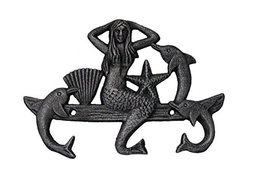 Hampton Nautical Cast Iron Mermaid with Dolphin Hooks 9 Rustic Silver