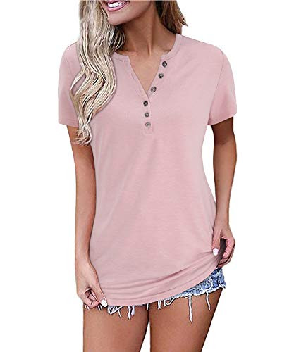 OUGES Womens Short Sleeve V Neck Button Summer Casual Henley Tops Blouse T Shirt Light PinkL
