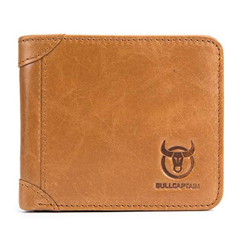 BULLCAPTAIN Wallets for Men Cowhide Leather RFID Blocking Slim Trifold Wallet with 2 ID Windows QB031H Yellow Brown