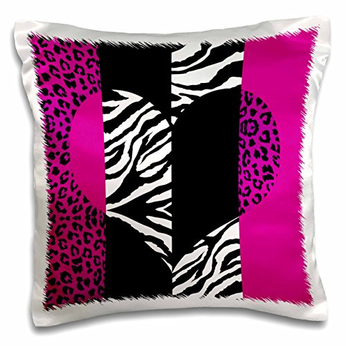 3dRose Pink Black and White Animal Print-Leopard and Zebra Heart-Pillow Case, 16 by 16" (pc_35437_1)