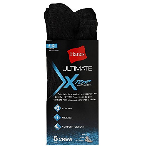 Hanes Mens 6-Pack FreshIQ Cushion Crew Socks 10-13  Shoe 6-12 Black X-Temp Technology