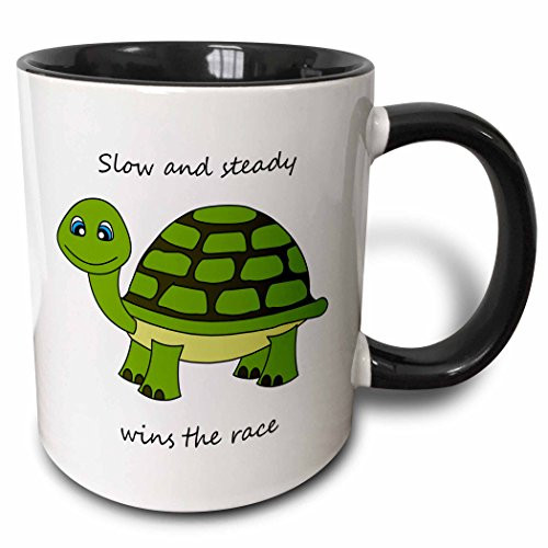 3dRose mug_6106_4" Slow and steady wins the race! Green Turtle Two Tone Black Mug, 11 oz, Multicolor
