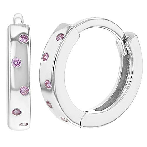 925 Sterling Silver Pink CZ Dots Huggie Hoop Earrings for Girls or Teens