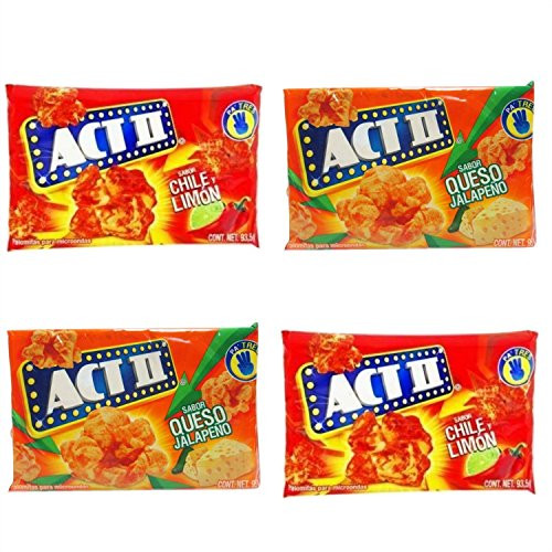 Act II Popcorn Palomitas Chile Y Limón Queso Jalapeno Flavored 4 Count 2 Per Flavor - Sabor Chile-Limon Y Queso Jalapeno