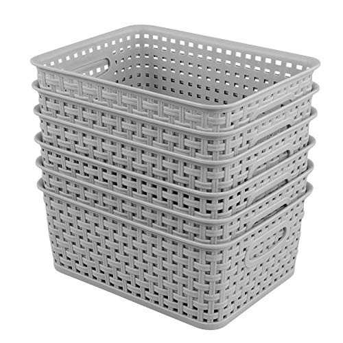Zerdyne Plastic Multi-Purpose Weave Storage Basket Desktop Organization Basket Set 6-Pack Grey