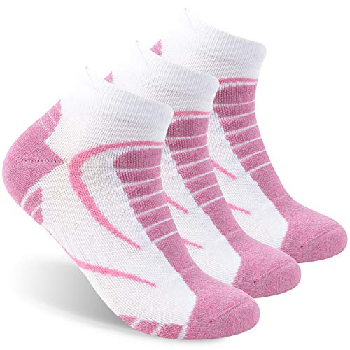 Forcool Womens Running Ankle Socks Jogging Hiking Trail Walking Workout Arch Support Performance Outdoor No Show Socks Cushion Athletic Sport Low Cut Tab Socks Medium 3 Pairs White and Pink