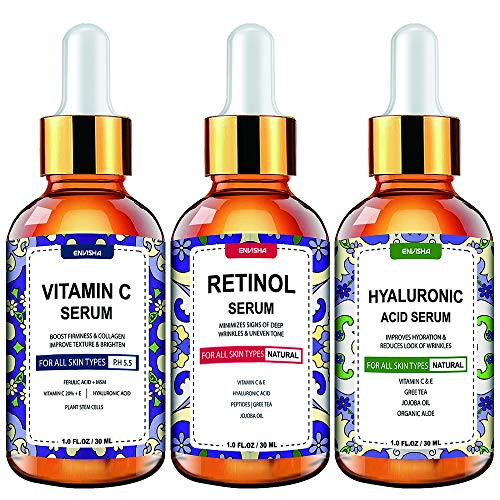 Wumal Day and Night Serum 3-Pack for Face - Vitamin C Serum Retinol Serum Hyaluronic Acid Serum for All Skin
