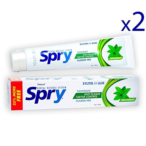 Spry Xylitol Toothpaste Fluoride-Free Natural Spearmint Anti-Plaque and Tartar Control 5 oz 2 Pack