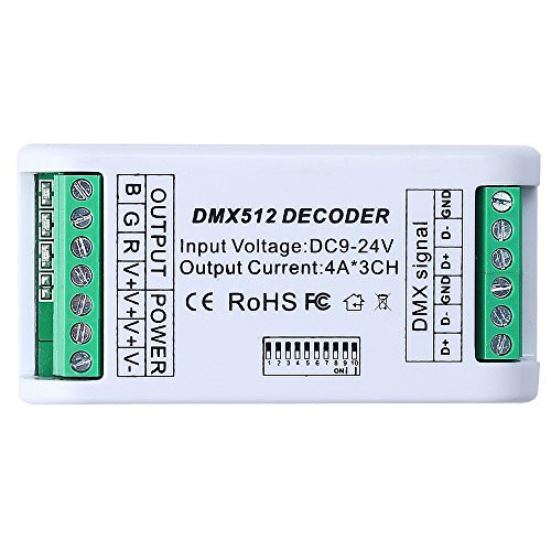 CHINLY 3 Channel DMX 512 RGB 12A LED Strip Controller DMX Decoder Dimmer Driver DC12V-24V for RGB LED Strip Module Plastic Cover