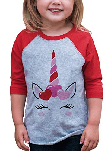 7 ate 9 Apparel Girls Valentines Day Unicorn Red Baseball Tee Youth Medium