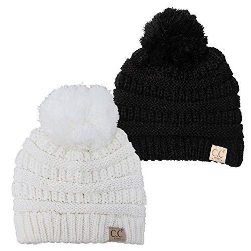 Kids Pom Beanie Bundle - 1 Black  and  1 Ivory 2 Pack