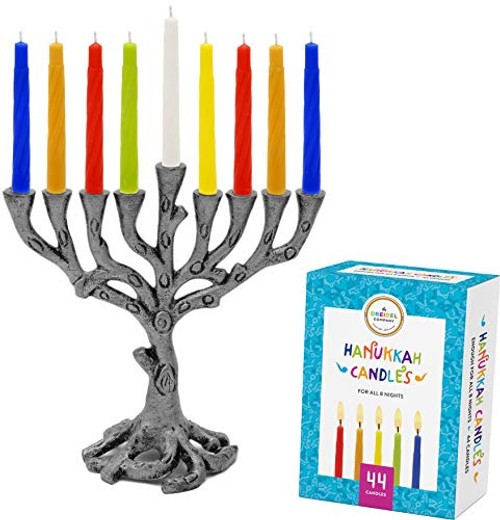 The Dreidel Company Menorah Tree of Life Mini Pewter - Colored Candles for All 8 Days of Hanukkah Included! Mini Tree of Life - PewterMulticolor