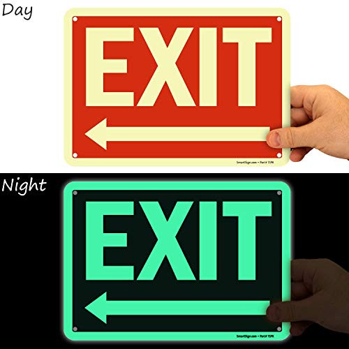 SmartSign Exit Sign with Left Arrow  7 x 10 Glow-in-The-Dark Aluminum