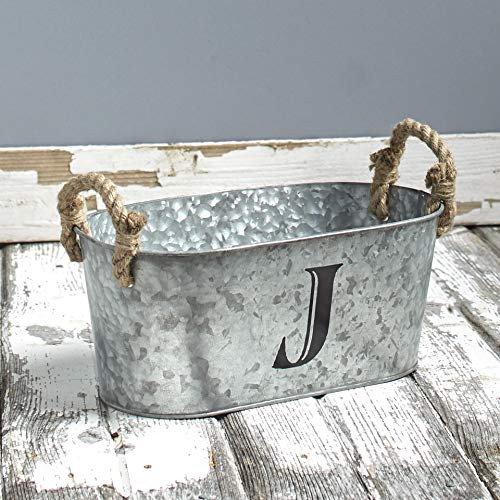 The Lakeside Collection Galvanized Metal Monogram Bucket - Rustic Storage Bin with Rope Handles - J