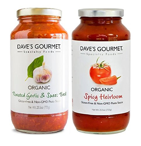 Daves Gourmet Pasta Sauce 2- Flavor Variety Pack Roasted Garlic  and  Sweet Basil Spicy Heirloom Marinara 25_5 oz Jars Pack of 2