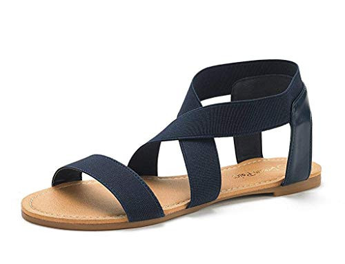 DREAM PAIRS Sandals for Women Elatica-6 Navy Elastic Ankle Strap Flat Sandals - 9 M US